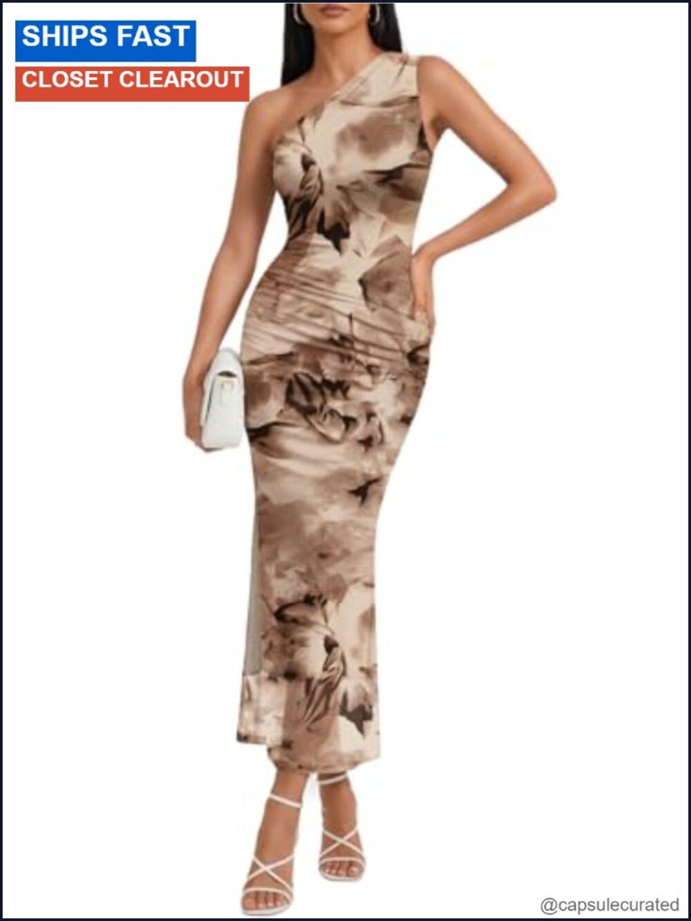 One Shoulder Maxi Bodycon Dress Mesh Ruched Side Slit